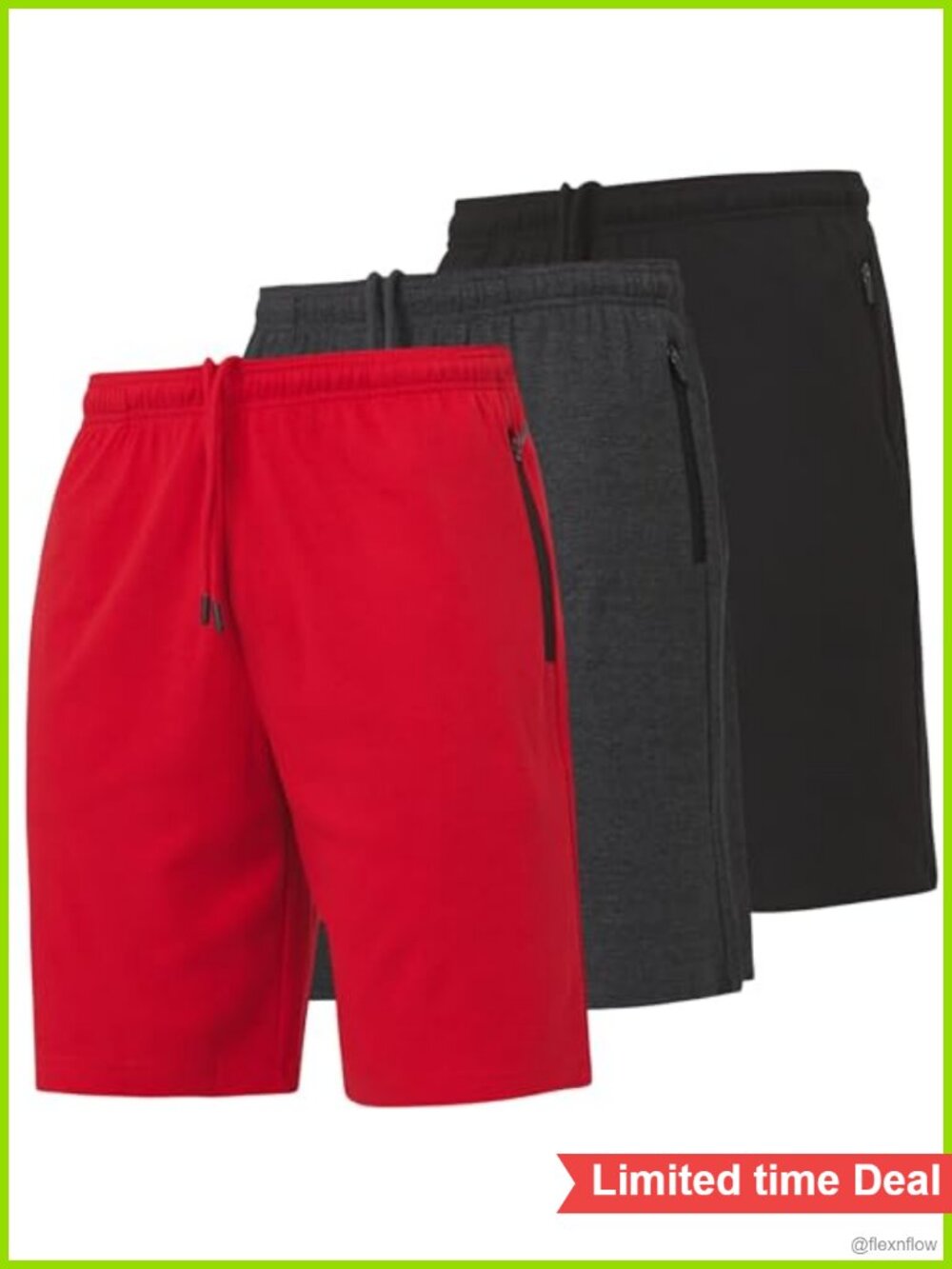 Men's Cotton Athletic Shorts 3 Pack 9" Inseam with Zipper Pockets